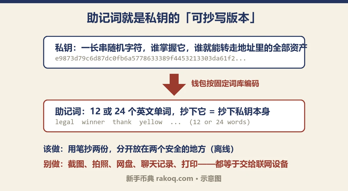 示意图:私钥是一长串随机字符,钱包按固定词库把它编码成 12 或 24 个英文单词的助记词;下方标出该做的(用笔抄两份离线存放)和不该做的(截图、拍照、网盘、聊天记录、打印)