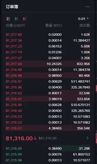 币安 BTC/USDT 订单簿,每个价位一行,显示挂单价格、数量和成交额
